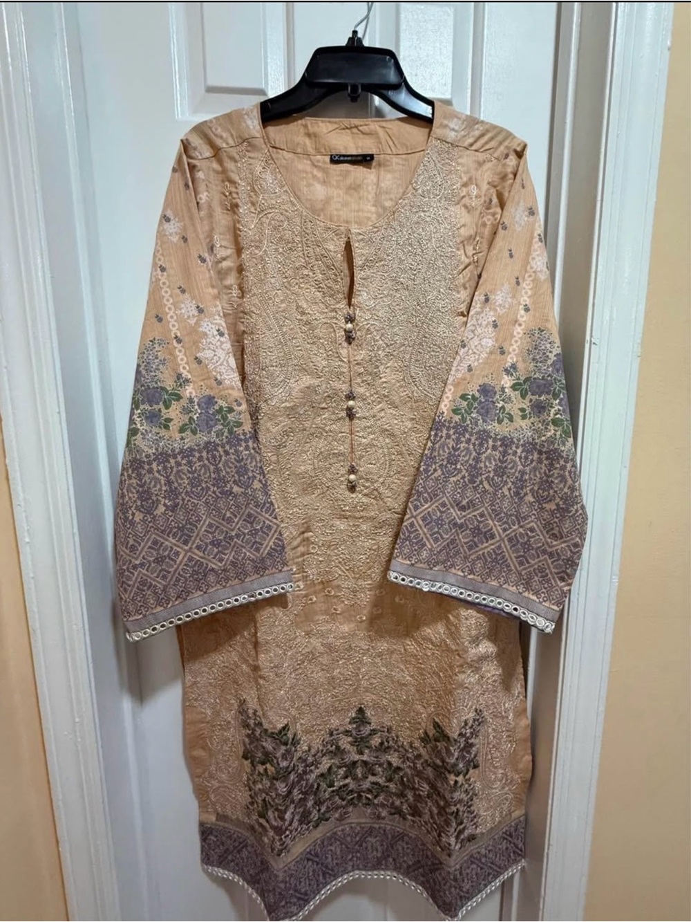 Beige Embroidered Long Sleeve Women's Dress